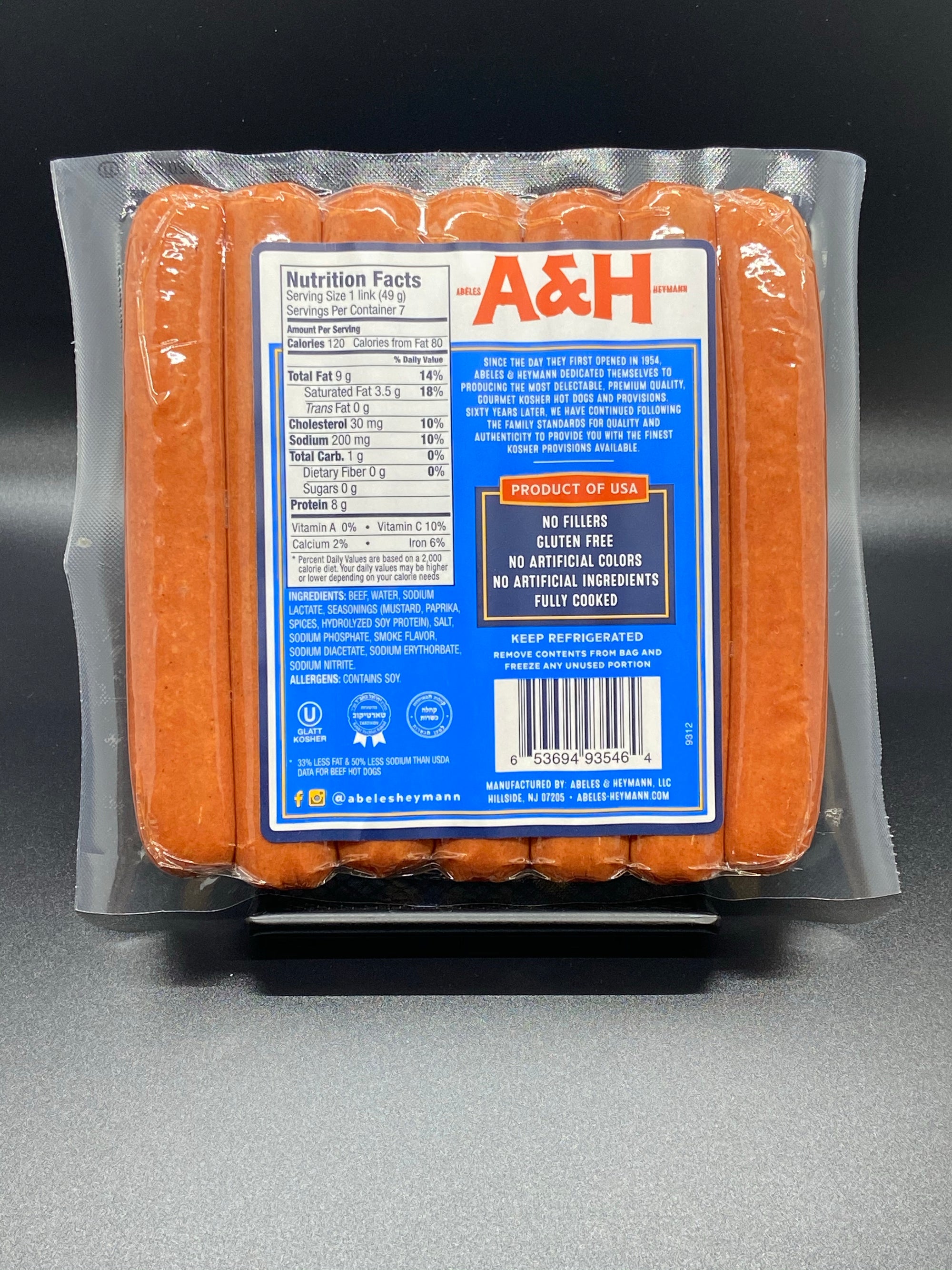 A &amp; H All Beef Reduced Fat &amp; Sodium Kosher Hot Dogs 12 oz.