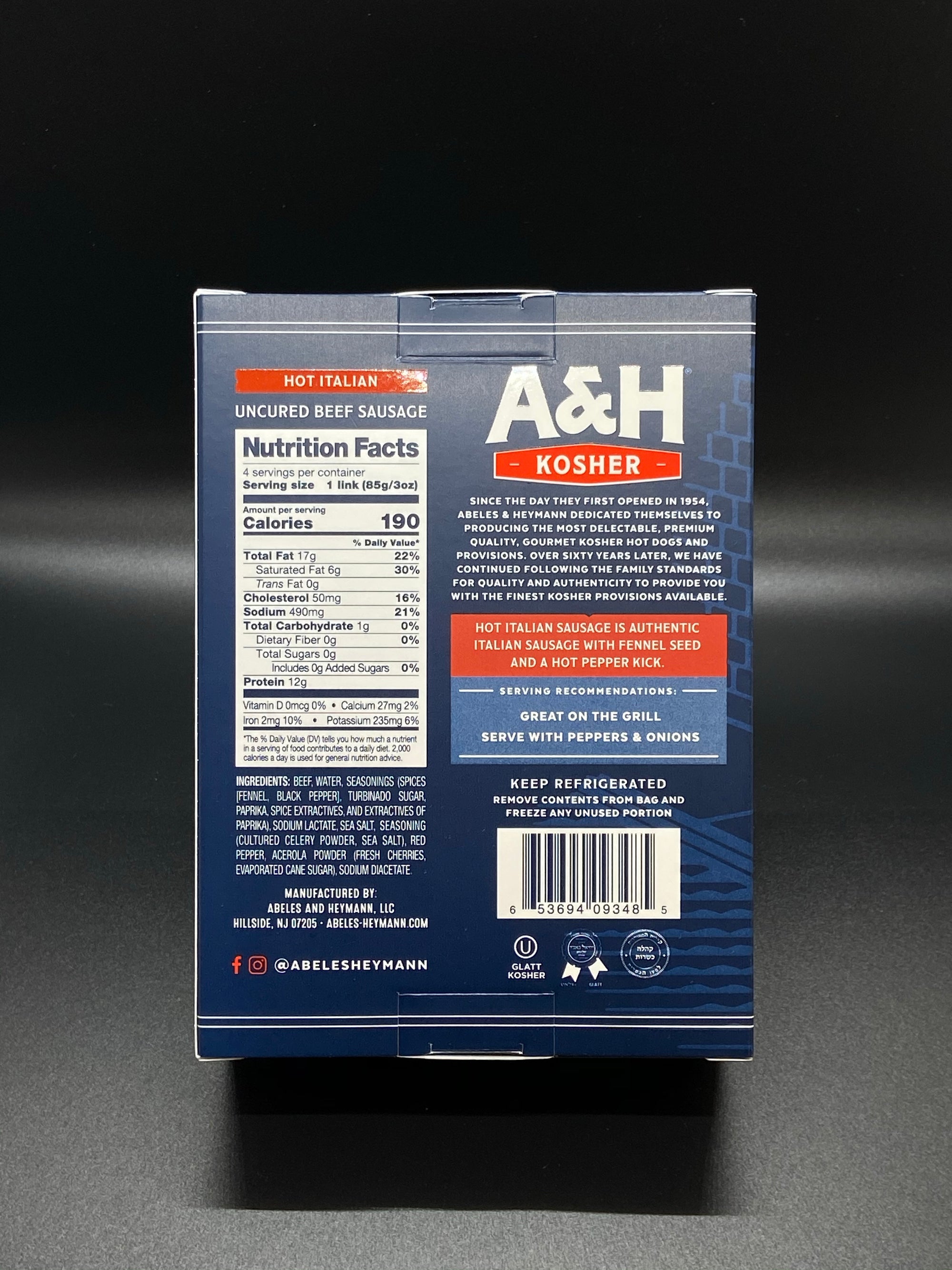 A & H Uncured Beef Hot Italian Sausage 12 oz.