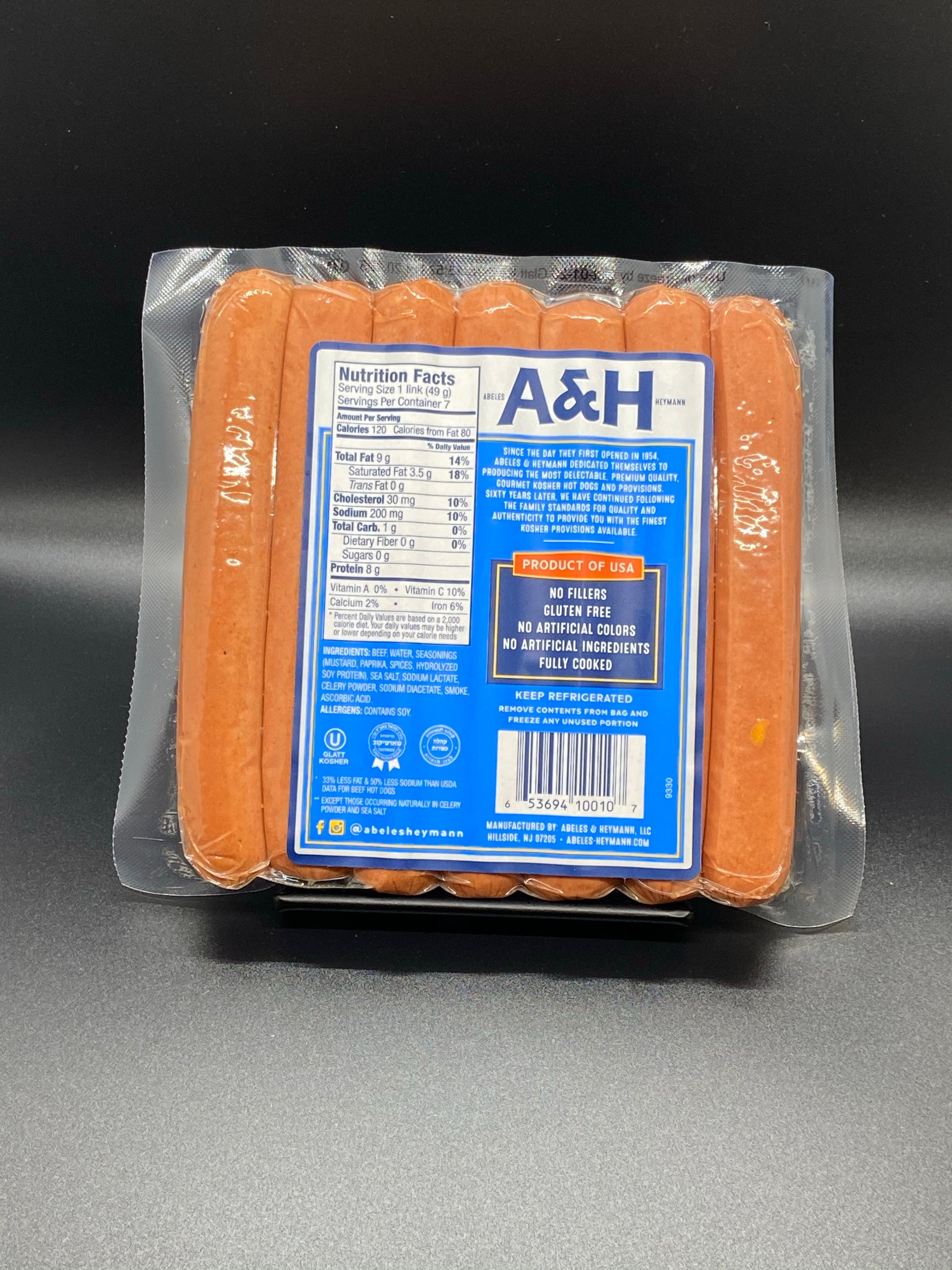 A &amp; H Uncured No-Nitrate Added Reduced Fat &amp; Sodium Kosher Beef Hot Dogs 12 oz.