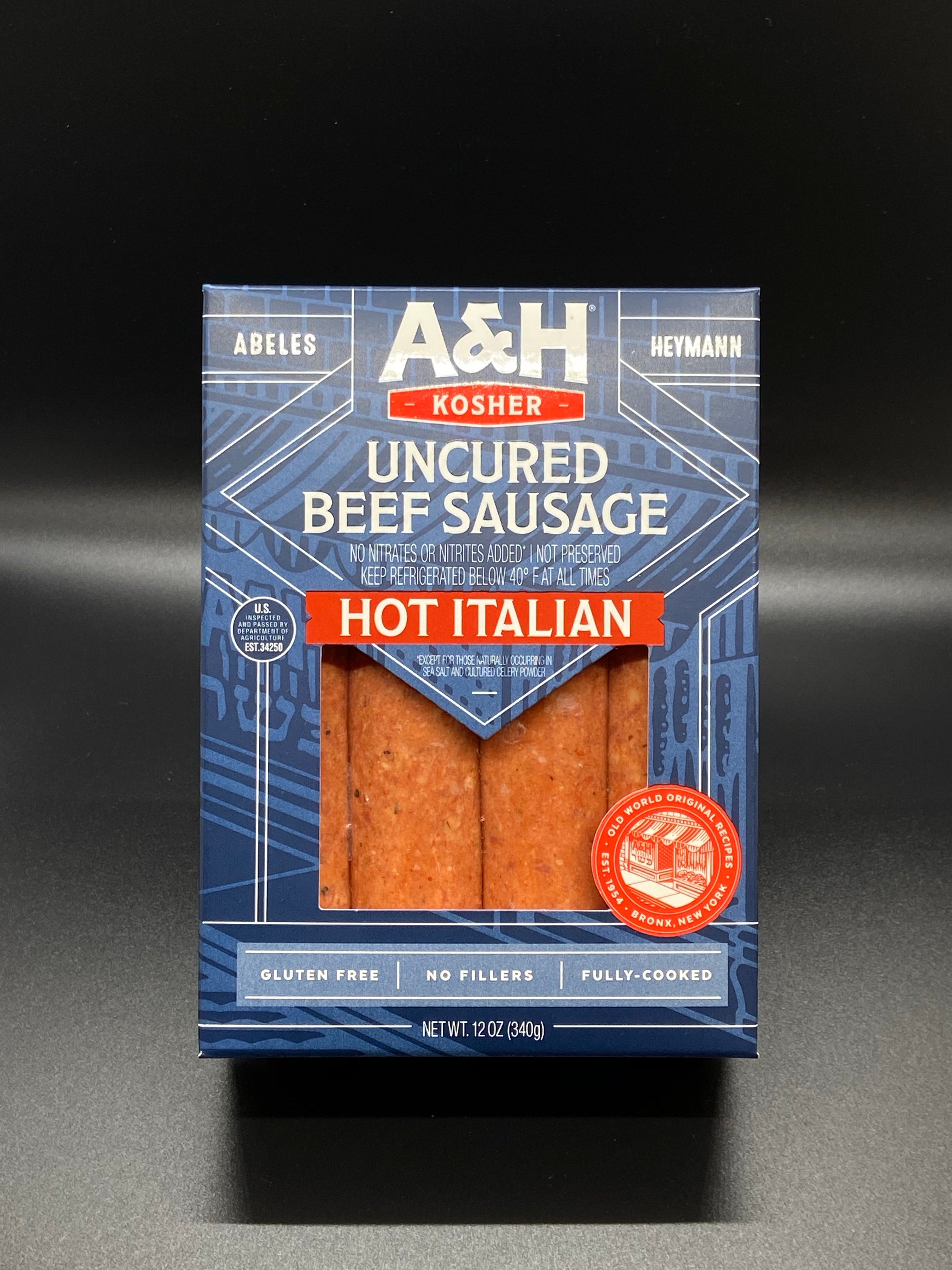 A &amp; H Uncured Beef Hot Italian Sausage 12 oz.