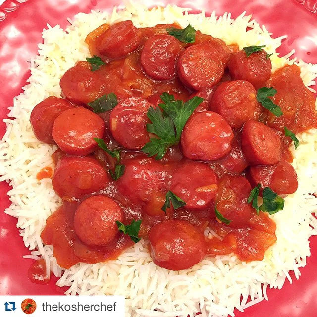 BBQ Hot Dogs over Rice by TheKosherChef