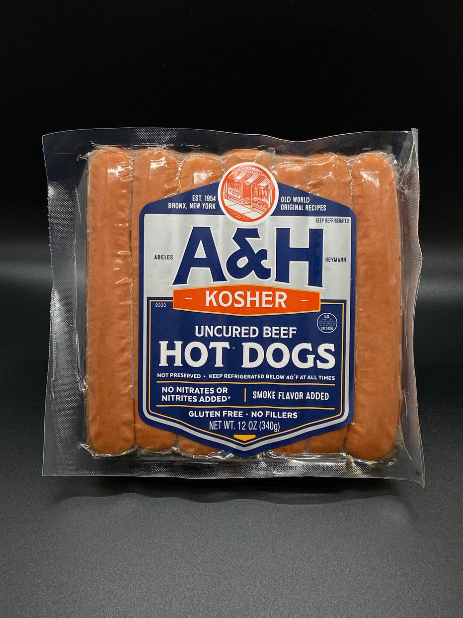 A & H Uncured No Nitrate or Nitrite added Kosher Beef Hot Dog 12 oz. Abeles & Heymann
