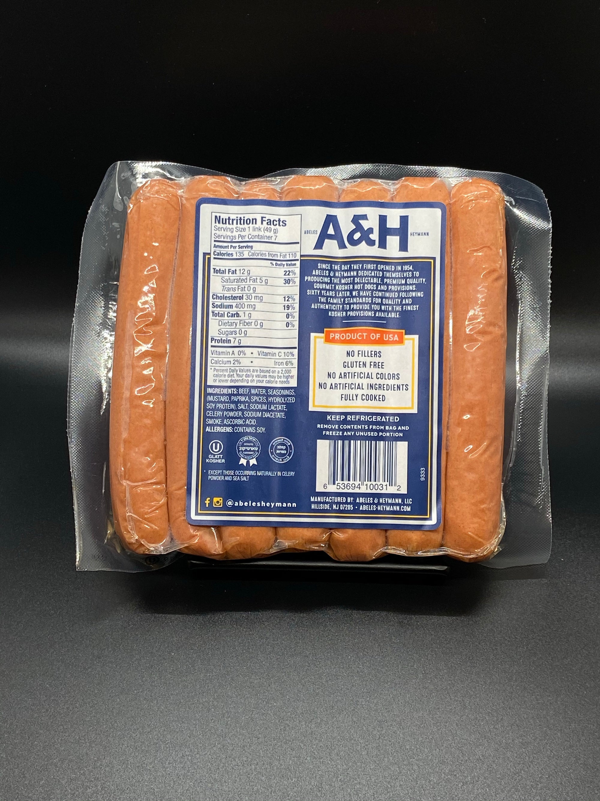 A &amp; H Uncured No Nitrate or Nitrite added Kosher Beef Hot Dog 12 oz.