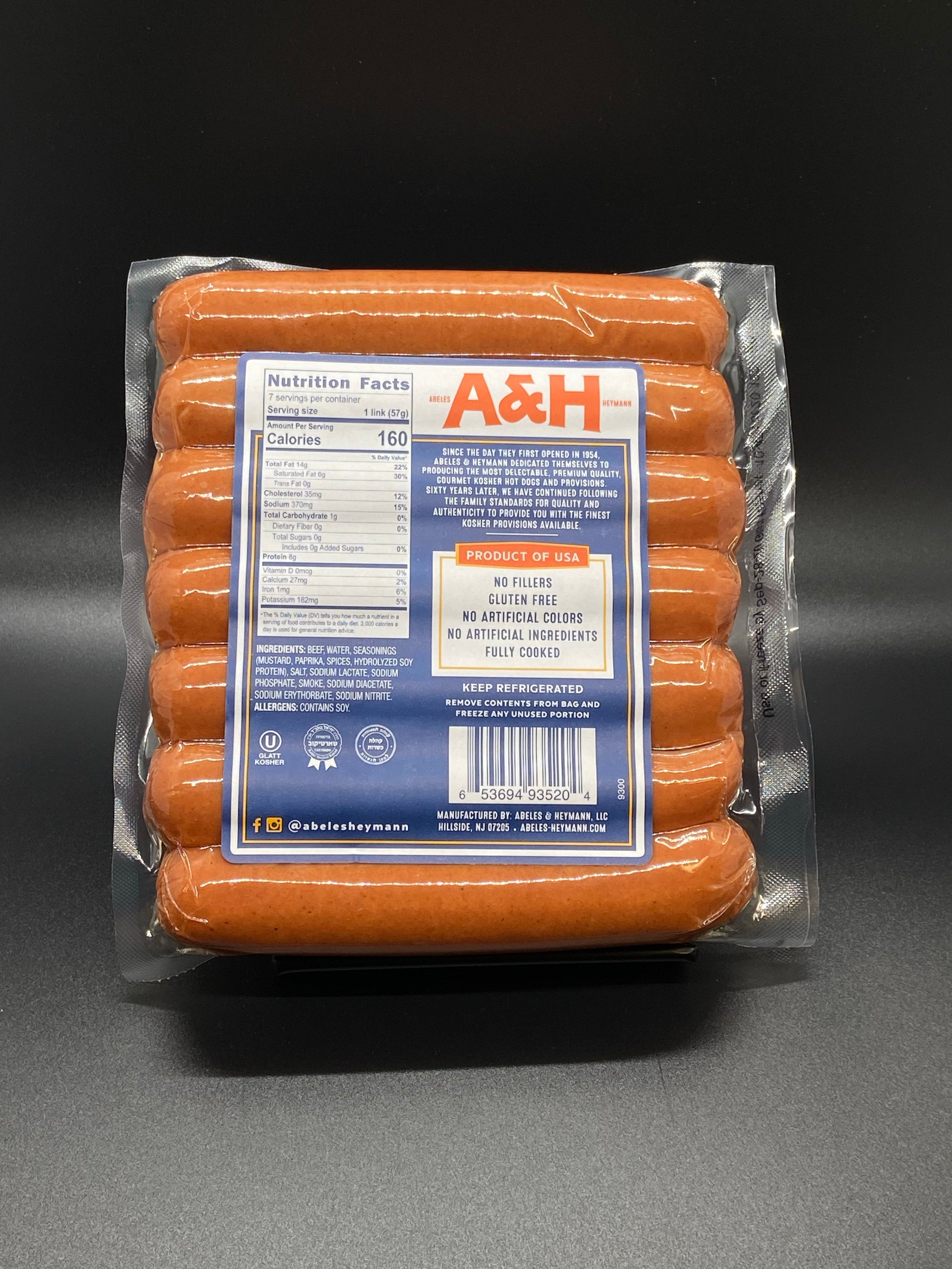 A & H All Beef Kosher Hot Dogs 14 oz.